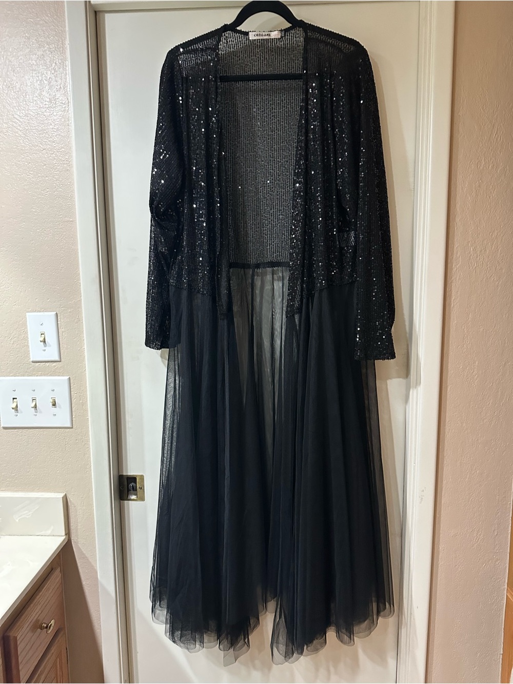 Women’s Mesh & Sequin Black Open-Front Long Jacket